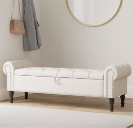 Storage Bench Ottoman, 61" King Linen Rolled Arm Bedroom End of Bed Bench, Window Bench with Button Tufted and Nailhead Trim for Foot of Bed Bench, Be
