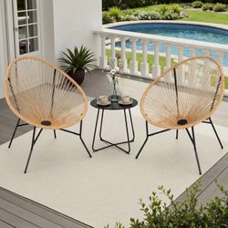 3 Piece Patio Acapulco Furniture Bistro Set, Outdoor Bistro Set Acapulco Chairs All-Weather Rattan Wicker Chairs with Plastic Rope and Coffee Table, B