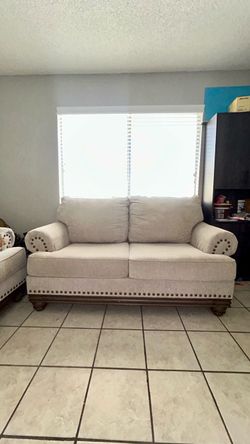 Beige Fabric Loveseat Couch Set With Nailhead Trim