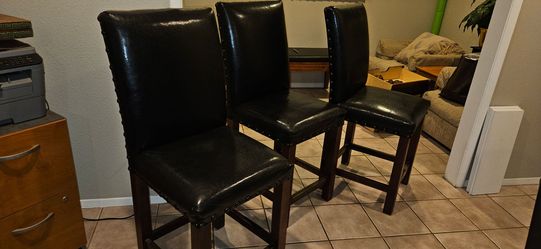 Set of 3 Black Faux Leather Bar Stools with Nailhead Trim