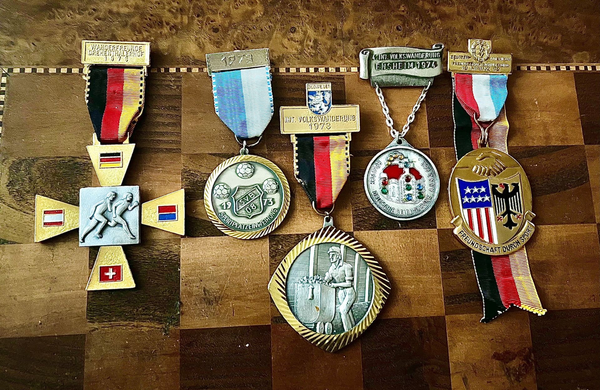 Lot Of 5 Large Vintage German Sports Medals Pewter Enamel Silk Ribbon From1970s