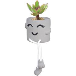 Uguisu Smiley Hanging Feet Cement Flower Pot - Mini Succulent Planter, Mid-Centu
