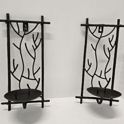 Pair of Wrought Iron Wall Candle Sconces – Rustic Tree Branch Design
