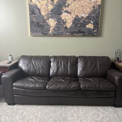 Brown Leather Hide-a-bed With 2 Matching Armchairs 