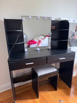 Black Vanity Desk with Mirror, Lights, and Stool
