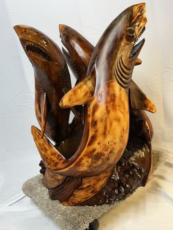 Coffee Table Hand Carved Wooden Sharks