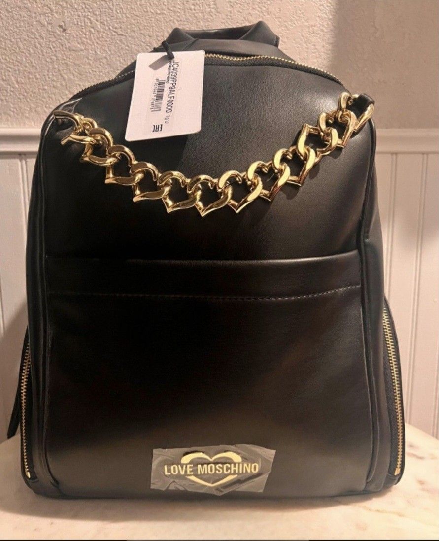 Love Moschino Black Backpack w/ Gold Heart Chain Borsa Pu Nero
