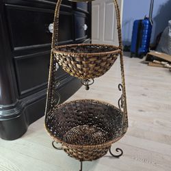 Vintage Two-Tier Wicker Basket Stand with Metal Frame 