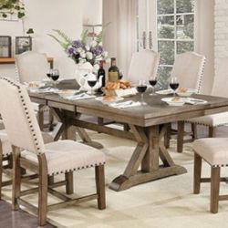 Brand New Rustic Oak & Beige 9pc Formal Dining Table Set 