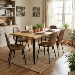 Homy Casa Lancelot 63" Oak Dining Table Set with 6 Charlton Upholstered Chairs, Brown