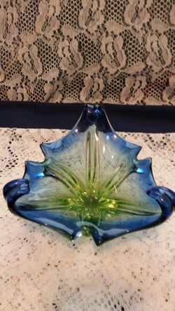 Hand blown green and blue dish