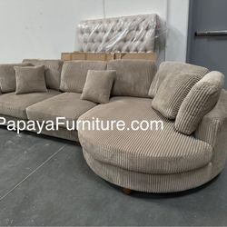 125” Deep Seating Comfortable Couch, Sectional, Large Sectional, Corduroy Sectional, Camel Beige Sectional, Brown Sectional With Round Chaise, Sofa