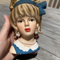 Rare Vintage Enesco Lady Head Vase Pearl Earrings Blue Top In Great Condition 
