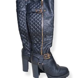 Black Boots Women's 7.5 Used Black Faux Leather Gold Metal Zipper See All Pictures 