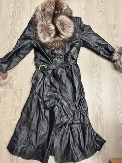 Black Leather Trench Coat with Fur Collar