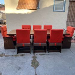 Vintage 1970s Lane Staccato Brutalist Dining Set Table 8 Chairs 2 Leaves