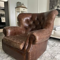 Restoration Hardware Churchill Tufted Vintage Cigar Leather Reading Chair w/ Brass Nailhead Trimming