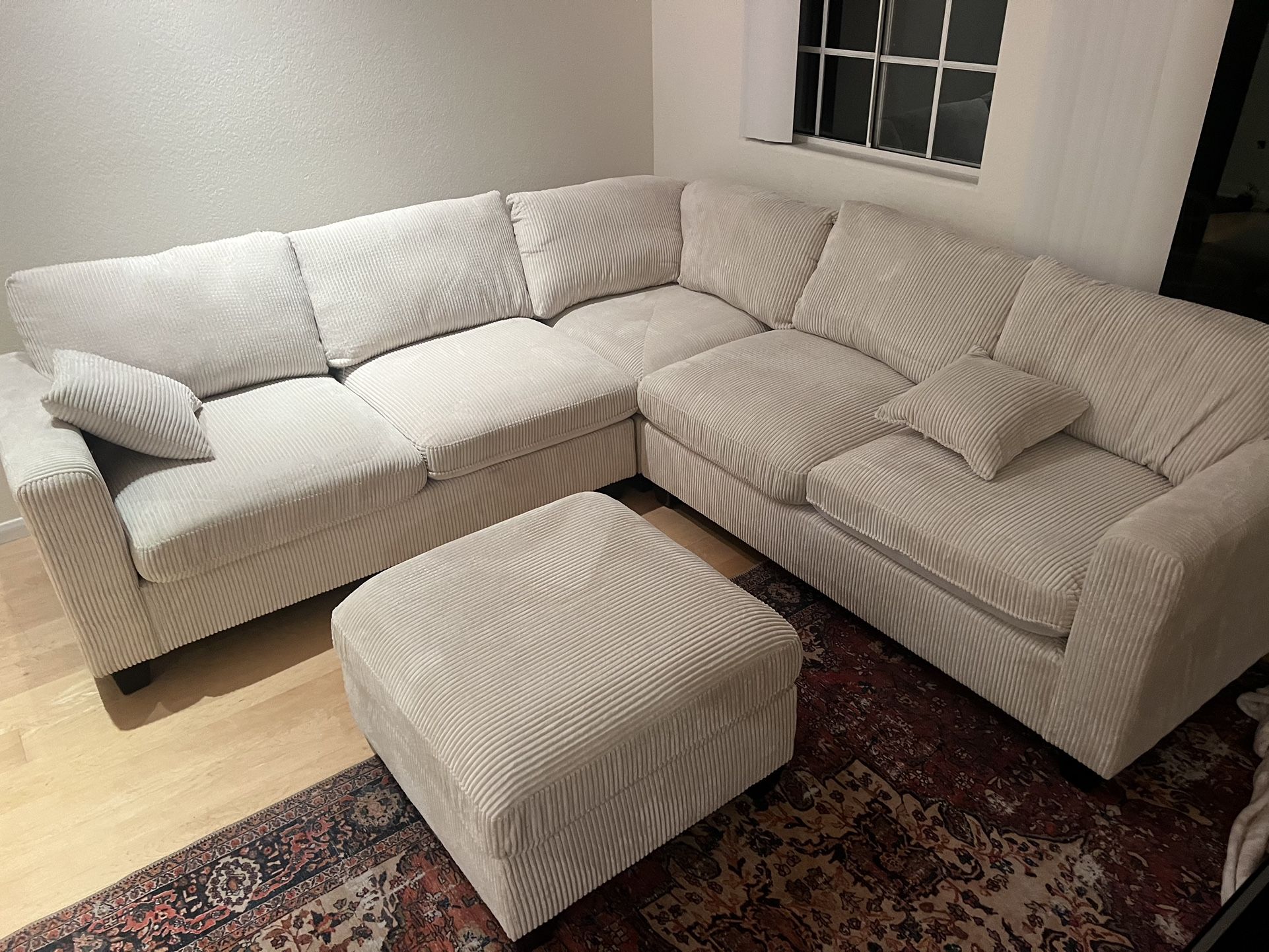 New Corduroy Fabric Sectional. Off White / Beige. 99” X 99”. Free Delivery!