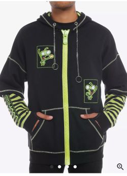 Nickelodeon Gir Invader Zim Full Zip Hoodie Green Black Graphic Print Unisex L
