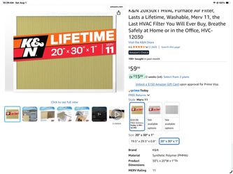 K&N 20x20x1 HVAC Furnace Air Filter, Lasts a Lifetime, Washable, Merv 11, the Last HVAC Filter You Will Ever Buy, Breathe Safely at Home or in the Off