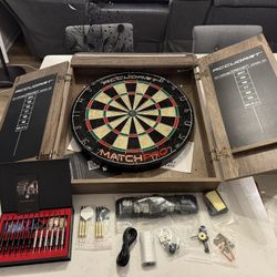 Dart Board, Wooden Cabinet & Accesories