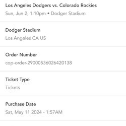 Dodger Colorado June 2 Sunday Tickets 