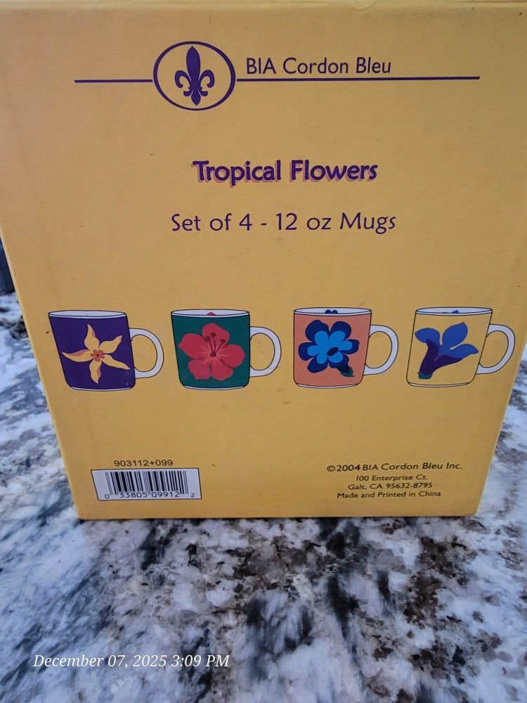 New, Set Of 4 Mugs And Plates - Tropical Flowers BIA Cordon Ble