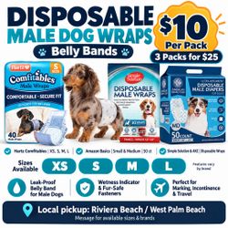 Brand New Disposable Male Dog Wraps & Belly Bands (Sizes XS, S, M, L)