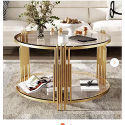 31.5 in. Transparent Round Tempered Glass Coffee Table with Storage Shelf, Circular Metal Drum Base, Gold Finish