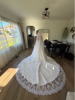 Elegant Lace-Trim Long Bridal Veil in White