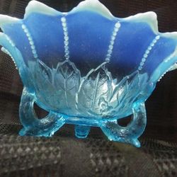 Glass Blue Opalescent "Leaf & Beads" Footed Bowl