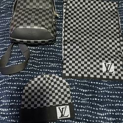 Louis Vuitton Avenue Sling Bag, Scarf And Knitted Beanie Bundle.