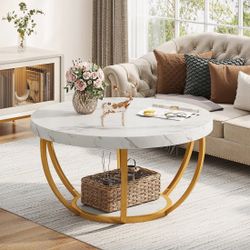 Tribesigns 32 Inches Round Coffee Table, Modern 2-Tier Center Table with Storage Open Shelves, Wooden Circle Coffee Table Sofa Side Table with Metal L