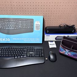 Computer Bundle - Wireless Ergonomic Keyboard & Mouse, Speaker, & Rotatable Organizer