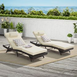 Outdoor Wicker Long Reclining Chair Set of 2 , Wicker Reclining Lounge Chair Lawn Sunbathing Chairs Recliner up to 150° Beach Poolside Garden