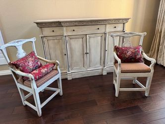 Distressed whitewashed buffet cabinet and chairs