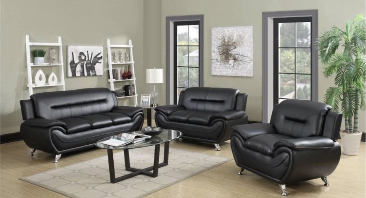 Black Leather Modern Style Three Piece Couch Set 
