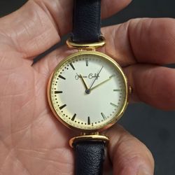 Jessica Carlyle Women's Fashion Watch W/Goldtone Round Case, White Dial & Slim Navy Blue Faux Leather Strap, Quartz Movt New Battery Works Perfectly
