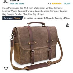 Mens Messenger Bag 15.6 Inch Waterproof Vintage Genuine Leather Waxed Canvas Briefcase Large Leather Computer Laptop Bag Rugged Satchel Shoulder Bag, 