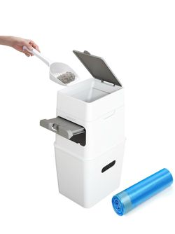 PooGuard Litter Disposal Bin, 9.2L Trash Can for Cat Litter, Dog Waste & Diapers, with Viewing Window, Wider Opening, and 4-Month Refill Bag (White) E