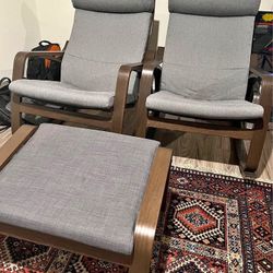 2 Rocking chairs with 1 Ottoman — brown/Skiftebo dark gray (IKEA: POÄNG)
