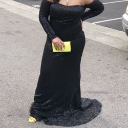 Long Black Sequins Off The Shoulder Dress 