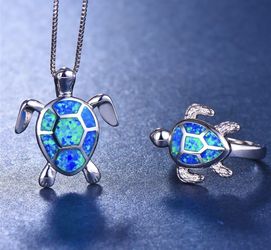 Blue Fire Opal Necklace Ring Set New