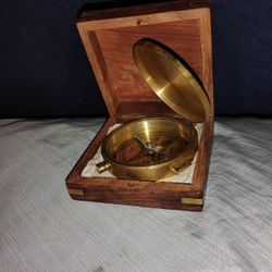 Functional Pirate Nautical Style Large Brass Compass 4" w/ Rosewood Box 