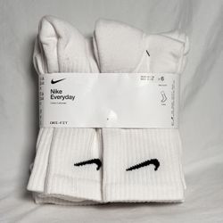 Nike Everyday Cushioned Crew Socks 6-Pair White Swoosh - Men 8-12 Women 10-13