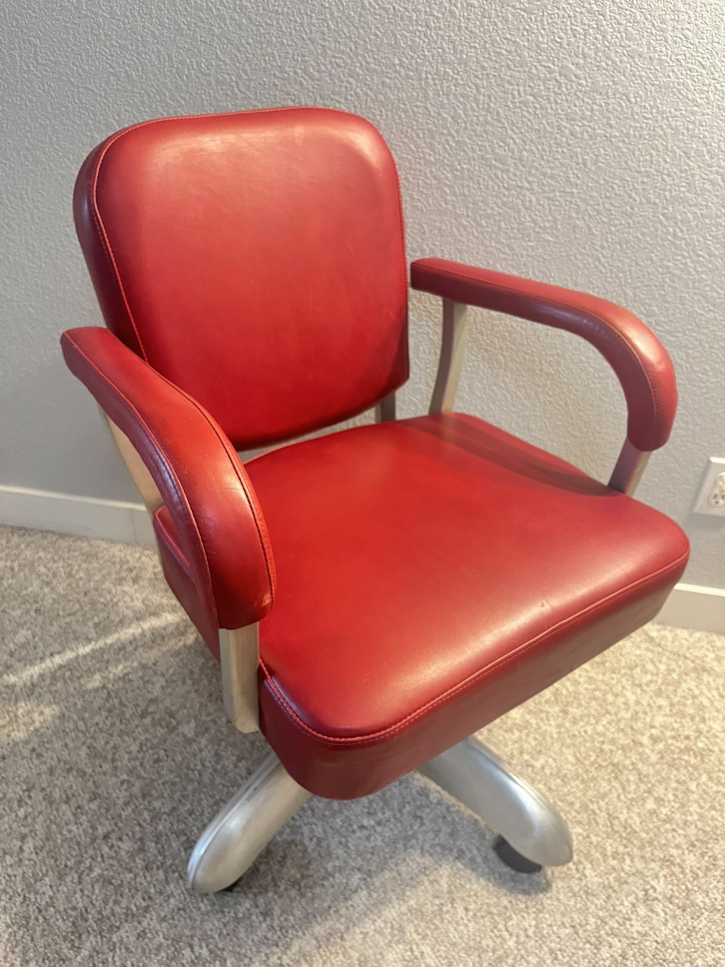 Metal Antique Swivel Chair | Cherry Red | Vintage Leather