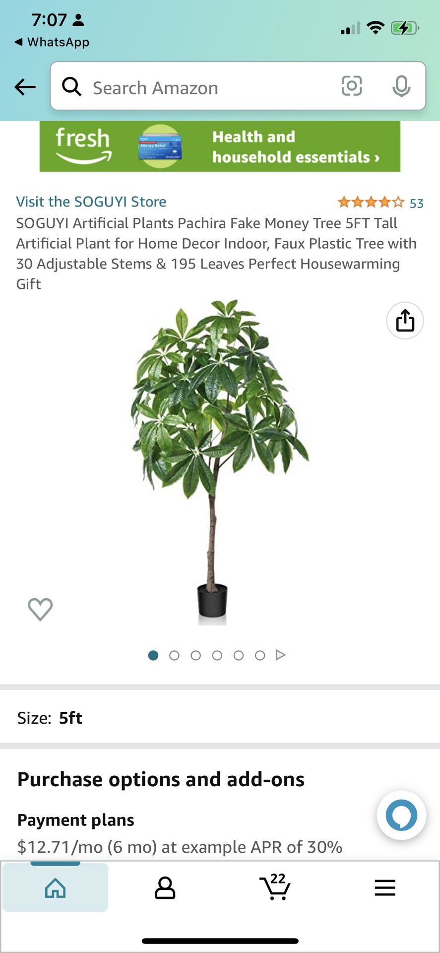 SOGUYI Artificial Plants Pachira Fake Money Tree 5FT Tall Artificial Plant for Home Decor Indoor, Faux Plastic Tree with 30 Adjustable Stems & 195 Lea