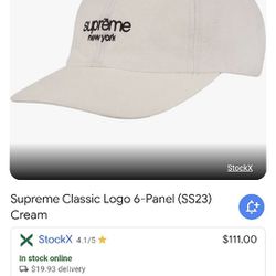 Supreme Classic Logo 6 Panel Hat | Color: White/Cream/Leather Brown Strap 