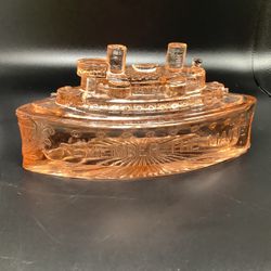 Antique 1930s Remember The Maine Figural Ship Pink Depression Glass Candy Dish