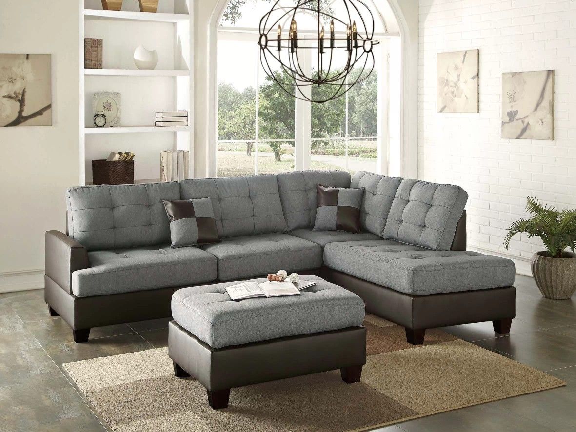 Brand New Grey & Espresso Sectional Sofa w Ottoman